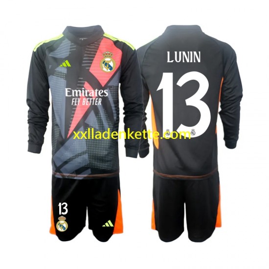 Fußballtrikot Real Madrid Andriy Lunin 13 Torwart Kinder Auswärts 2024-2025 Langarm