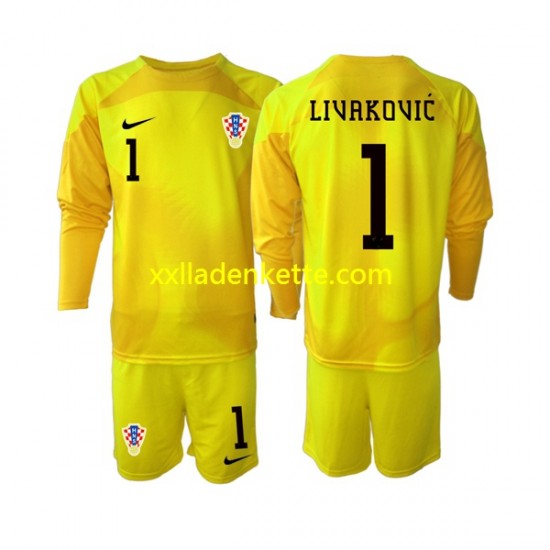 Fußballtrikot Kroatien Dominik Livakovic 1 Torwart Kinder Heim World Cup 2022 Langarm