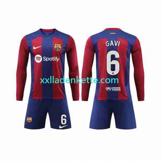 Fußballtrikot FC Barcelona GAVI 6 Kinder Heim 2023-2024 Langarm