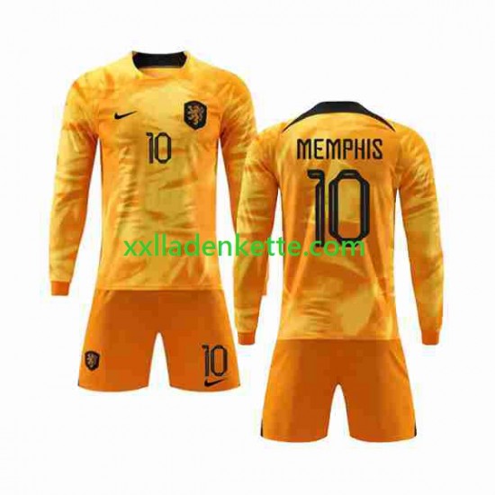 Fußballtrikot Niederlande Memphis 10 Kinder Heim World Cup 2022 Langarm