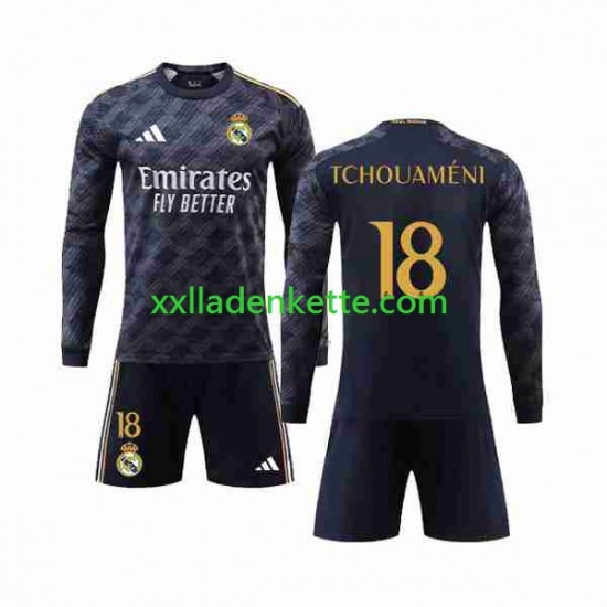 Fußballtrikot Real Madrid Aurelien Tchouameni 18 Kinder Auswärts 2023-2024 Langarm